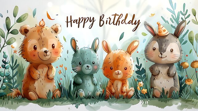 Birthday cards with images of cute cartoon animals such as bears, rabbits, and kittens with the message 'Happy Birthday. hope you are very happy