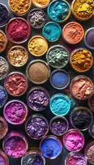 Poster - A close-up view of various colorful makeup pigments and powders in small glass jars, arranged in an artistic pattern. Generative AI