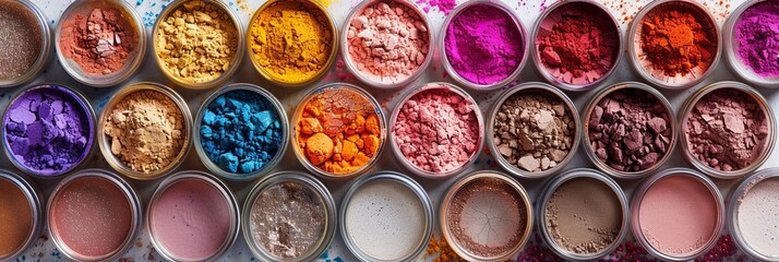 Poster - Close-up view of various colorful makeup pigments and powders arranged in small jars. Generative AI