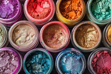 Poster - A close-up of various makeup pigments and powders in small jars. Generative AI