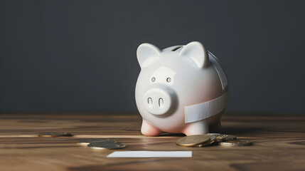 Financial problem, Bankrupt or fail in business concept. White piggy bank with plastic adhesive bandages on wooden desk with dark copy space wall background. Fail, Bankrupt or unsuccessful idea.