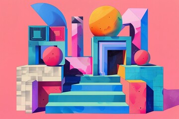 Wall Mural - Vibrant geometric shapes with striking colors on a pink background, creating a modern and abstract composition with 3D elements.