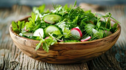 Wall Mural - Detoxifying Wild Herb Vitamin Salad with Cucumber Radish and Green Onions in a Wooden Bowl on a Wooden Background