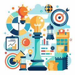 Wall Mural - Icons Representing Business Strategy and Planning: Chess Pieces, Light Bulbs, and Roadmaps, vector graphics