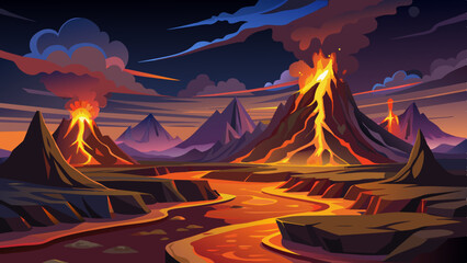 Wall Mural - Explosive volcanic landscapes with lava flows glowing brightly against the night., vector graphics