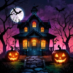A beautiful haunted house Halloween watercolor illustration. Generative AI