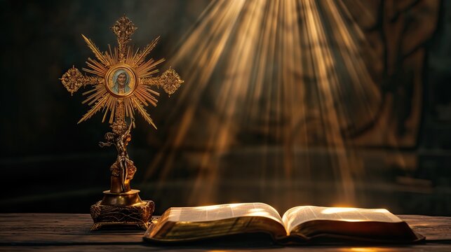 monstrance and open Holy Bible with sun rays of light from above, on black background for overlay