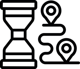 Poster - Black line art of an hourglass with a path and location pins, symbolizing time and journey