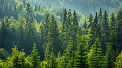 aerial view Landscape on a sunny day in the mountains Healthy green trees in a forest of old spruce, fir and pine . clean air in forest