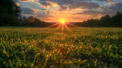 Wall Mural - a beautiful view of sunset on the grass