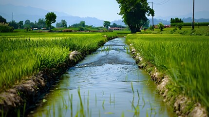 Wall Mural - a handmade canal of water on the side of green fields in the village