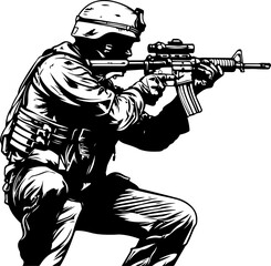 Wall Mural - Black and White Silhouette of Armed Soldier in Combat Position