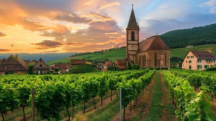 Picturesque church in vineyards in famous Hunawihr village, Alsace Wine Route, France