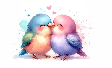 Watercolor of a couple cute birds and love hearts for Valentine's Day