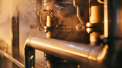 Poster - Macro of a heat exchanger in a waste-to-energy system, focus on pipes and steam, industrial, sharp light. 