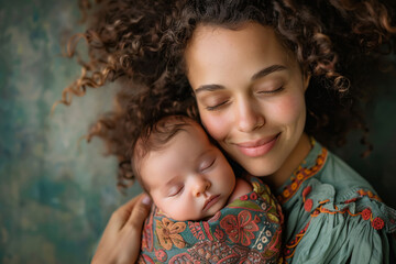 a happy mother embracing her newborn baby