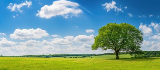 Canvas Print - Scenic spring sunrise scene in a public park with green grass, trees, and clear sky, perfect for a copy space image.