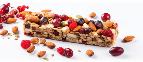 Canvas Print - A cereal granola bar with nuts, fruit, and berries is displayed on a white stone table in a top view shot, creating a tantalizing and nutritious copy space image.