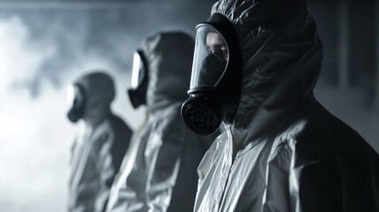 People in hazmat suits and gas masks standing in a smoky environment. Medical and safety equipment concept. Design for poster, banner, header