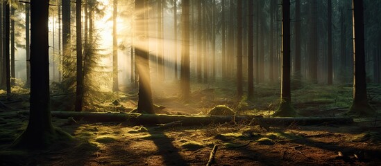 Canvas Print - Sunlight filtering through fog in a natural spruce tree forest, creating a mystical ambiance, ideal for a copy space image.