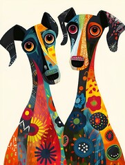 Canvas Print - AI generated illustration of two dogs in vibrant attire with exaggerated eyes in a painting