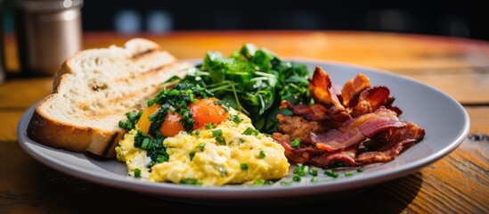 Sticker - Scrambled eggs with bread, flavorful breakfast garnished with herbs and tomatoes, perfect for a copy space image.