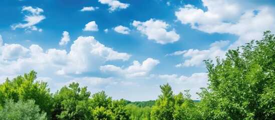 Wall Mural - View of lush green tree canopy against clear blue sky, providing copy space image.