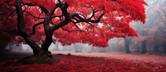 Wall Mural - Forest park showing red maple trees in autumn scenery with copy space image.