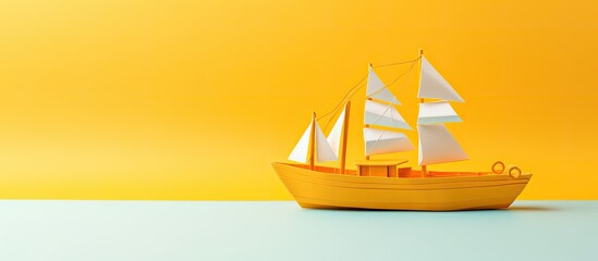 Wall Mural - Origami boat in yellow hue floating on a blank white backdrop, providing ample copy space for an image.
