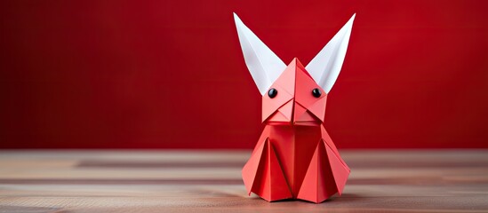 Wall Mural - Origami red rabbit or bunny with copy space image, set against a blue backdrop, symbolizing Chinese New Year of the Rabbit and Easter festivities.