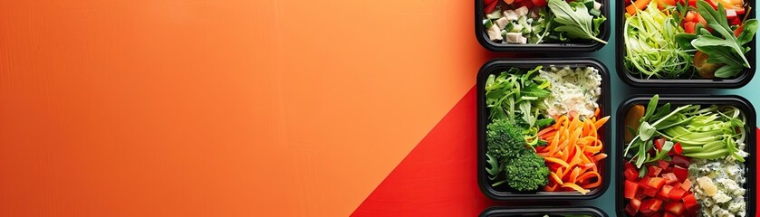 Wall Mural - A minimalist, high-key setup with lunchboxes containing detox salads, set against a crisp, white background overlaid on a bright orange table, broad empty space on the right for pr