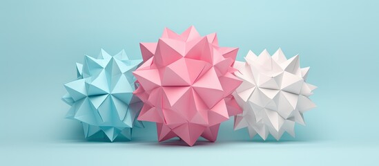 Wall Mural - A multicolored handmade origami Kusudama ball displayed on a pink background with a top view, close-up shot, and selective focus, emphasizing the artwork and providing space for additional imagery.