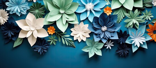 Wall Mural - Handcrafted green leaves on a white origami paper background creating an intricate composition with space for adding images. Copy space image. Place for adding text and design