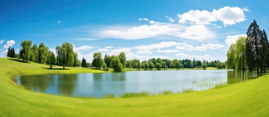 Canvas Print - A tranquil rural lake surrounded by vibrant green grass, wild nature, and a park preserve, reflecting the clear blue sky with fluffy cloudscape, perfect for a copy space image.