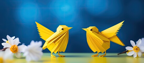 Wall Mural - Top view of a lovely yellow origami bird against a white backdrop with ample space for a message in the image.