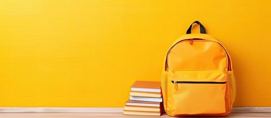 Poster - National School Backpack Awareness Day celebrates by showcasing a schoolbag and stationery on a table against a colorful background with copy space image.