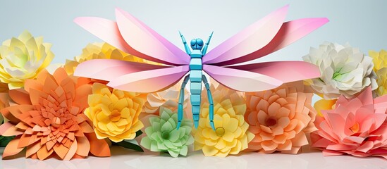 Wall Mural - Blue origami dragonfly hovering above lotus flowers on a white background with copy space image.