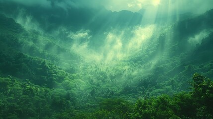  Sunlight piercing through the mist over a lush green mountain valley.