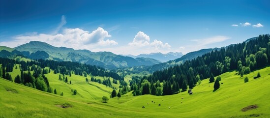 Wall Mural - Scenic mountain landscape with dark blue skies and fluffy clouds, ideal for adding text or images with a lack of elements in the foreground - copy space image.