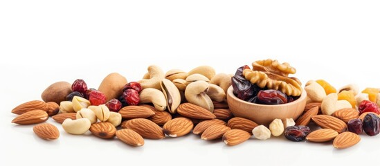 Canvas Print - Top view of mixed nuts on a white wooden backdrop with copy space image available for text.