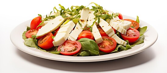 Poster - Salad with vibrant yellow and red peppers alongside crispy greens, all topped with garlic-infused cheese, creating an appetizing dish with a captivating appearance ideal for a copy space image.