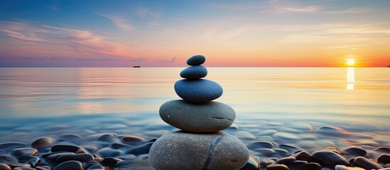 Sticker - Zen stones on the beach at sunset embody the peaceful concepts of harmony and meditation, with a serene copy space image.