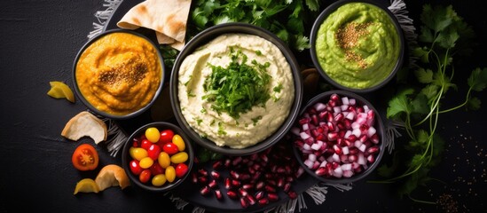 Vibrant vegetarian appetizers spread on a table with different dips and pita bread, arranged in a top view flat lay on a black background with ample copy space image, promoting a healthy lifestyle.