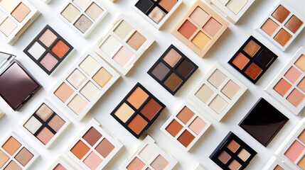 Poster - A flat lay showcasing an organized collection of various eye shadow palettes and highlighters, all arranged on a white background. Generative AI