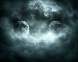 2 moons on cloudy galaxy background