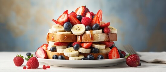 Enjoy a delightful French breakfast featuring cinnamon toast topped with blueberries and raspberries, accompanied by maple syrup and coffee, all displayed in a copy space image.