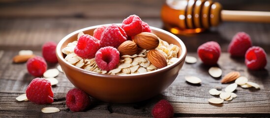 Poster - Nutritious breakfast with oatmeal, raspberries, figs, nuts, and seeds, promoting a healthy lifestyle and diet, shown in a top view copy space image.