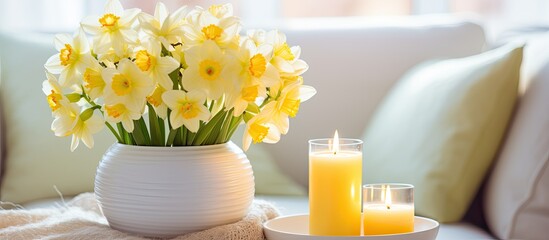 Poster - Modern interior featuring a vase with spring flowers and copy space image.