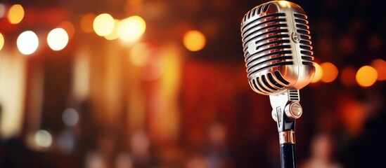 Wall Mural - Retro microphone for karaoke or concerts on a blurred backdrop with an artistic feel, suitable for copy space image.