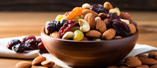 Poster - Arrange dried fruits and nuts in a wooden bowl on a wooden table with a wooden spoon, creating a composition with copy space image.